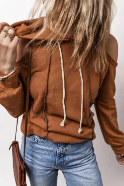 Fashion Dear-Lover Exposed Seam Cold Shoulder Drawstring Hoodie Cinnamon