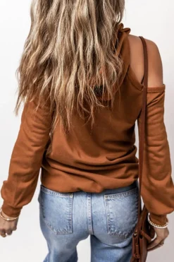 Fashion Dear-Lover Exposed Seam Cold Shoulder Drawstring Hoodie Cinnamon