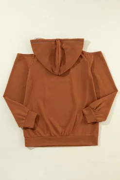 Fashion Dear-Lover Exposed Seam Cold Shoulder Drawstring Hoodie Cinnamon