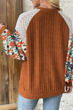 Online Dear-Lover Floral Patchwork Long Sleeve Ribbed Blouse Cinnamon