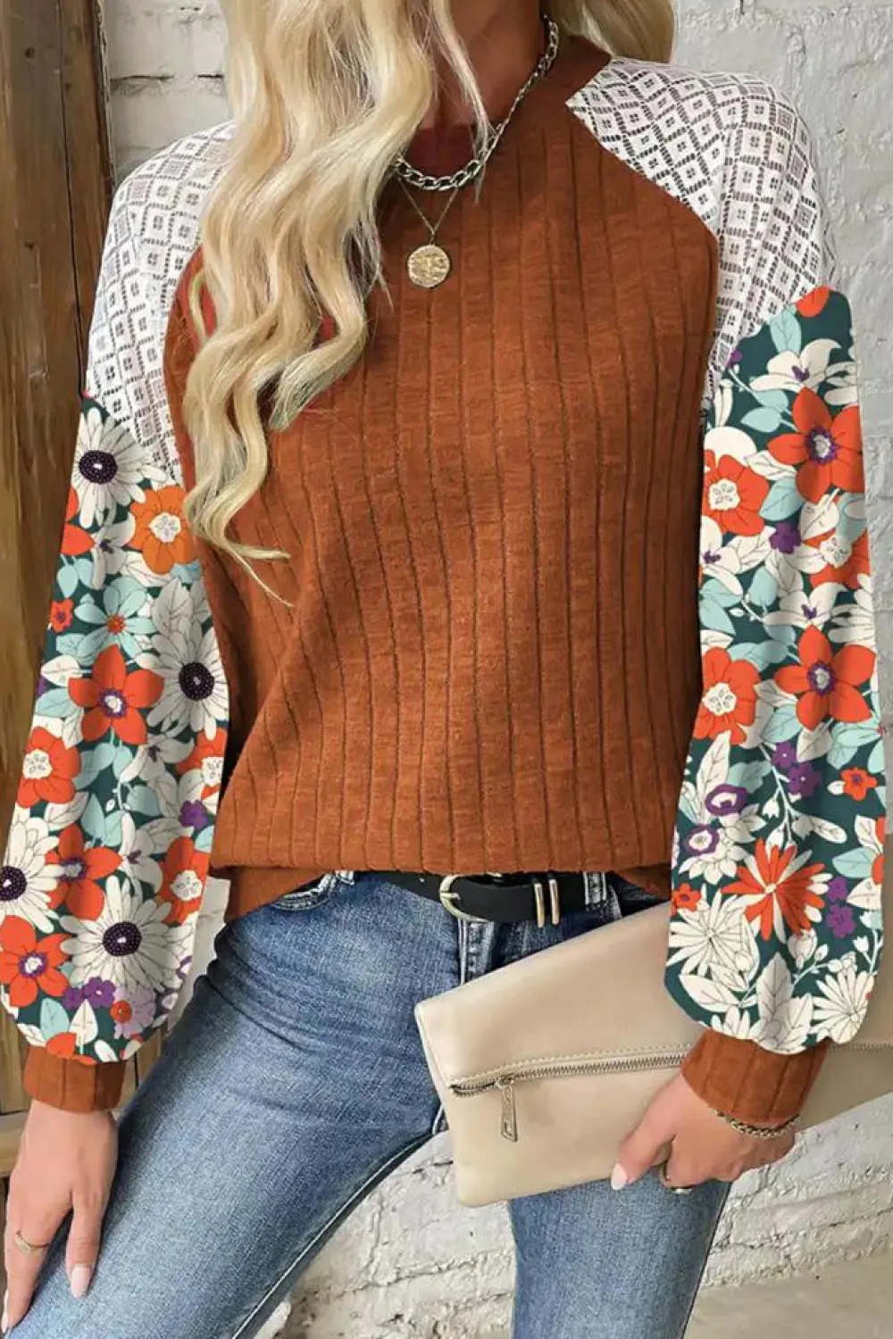Online Dear-Lover Floral Patchwork Long Sleeve Ribbed Blouse Cinnamon