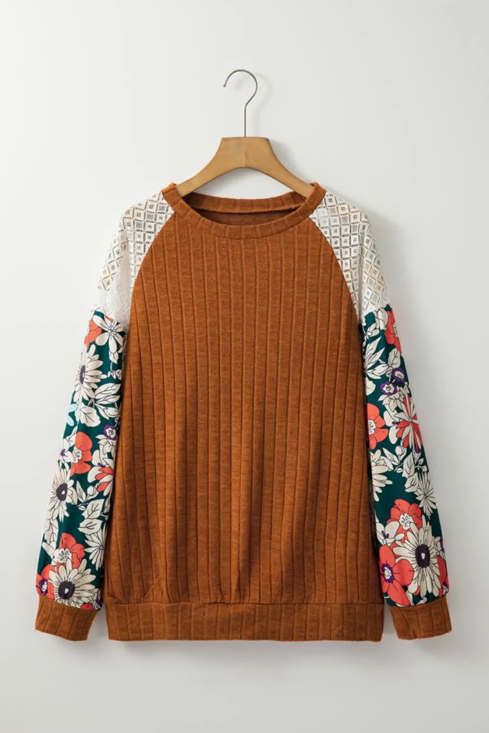 Online Dear-Lover Floral Patchwork Long Sleeve Ribbed Blouse Cinnamon