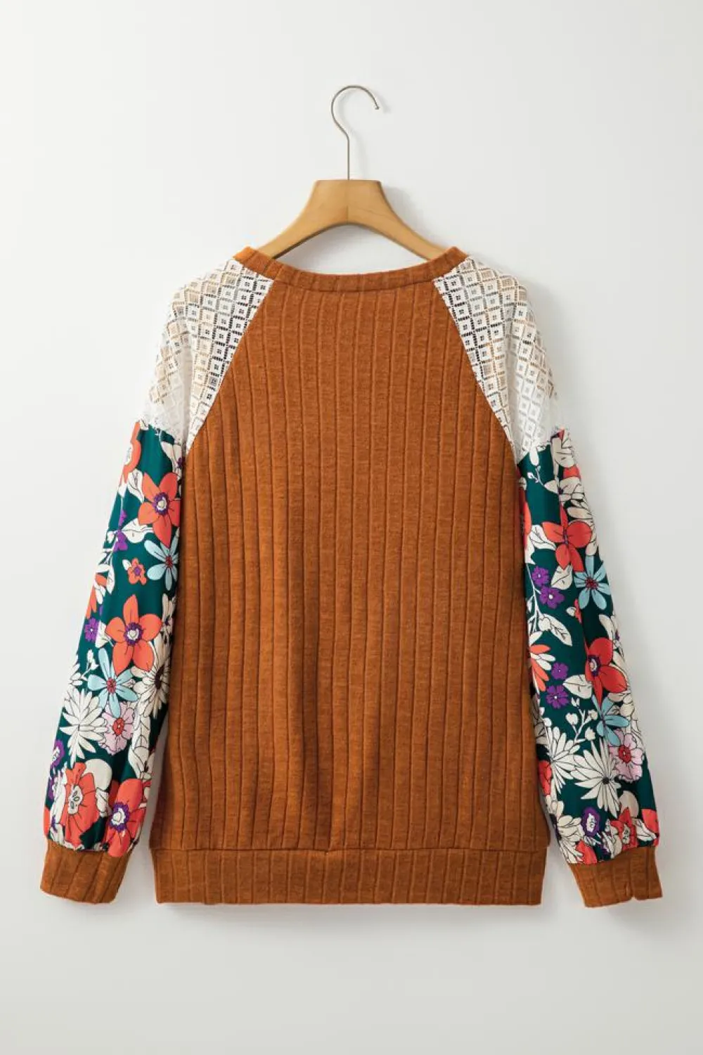 Online Dear-Lover Floral Patchwork Long Sleeve Ribbed Blouse Cinnamon