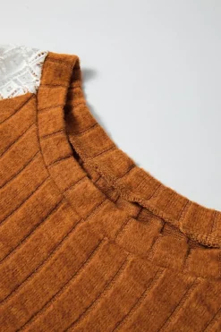 Online Dear-Lover Floral Patchwork Long Sleeve Ribbed Blouse Cinnamon