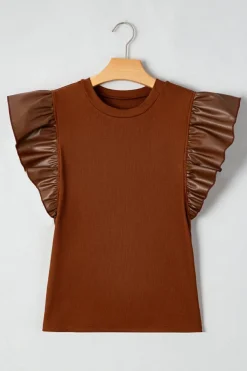 Sale Dear-Lover Leather Ruffle Sleeve Patchwork Round Neck Blouse Cinnamon