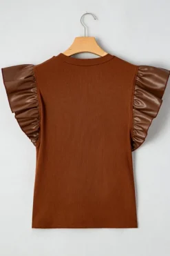 Sale Dear-Lover Leather Ruffle Sleeve Patchwork Round Neck Blouse Cinnamon