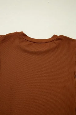Sale Dear-Lover Leather Ruffle Sleeve Patchwork Round Neck Blouse Cinnamon