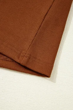 Sale Dear-Lover Leather Ruffle Sleeve Patchwork Round Neck Blouse Cinnamon