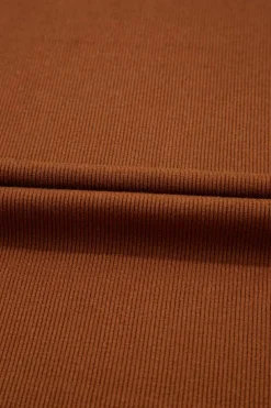 Sale Dear-Lover Leather Ruffle Sleeve Patchwork Round Neck Blouse Cinnamon