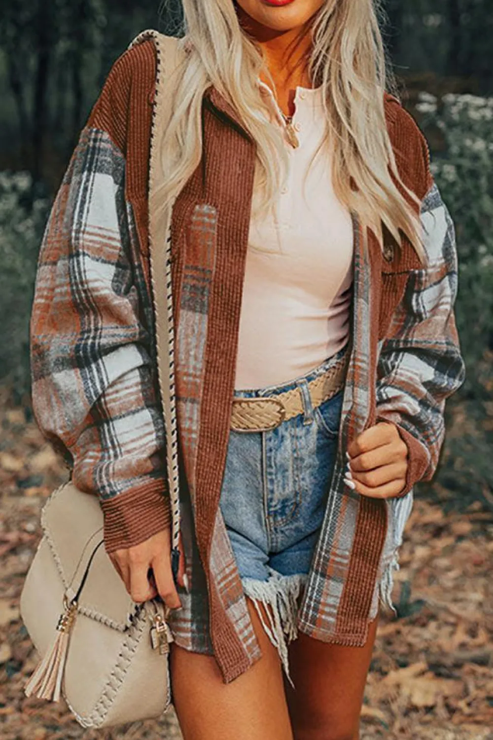 Outlet Dear-Lover Plaid Corduroy Patchwork Chest Pocket Shacket Cinnamon