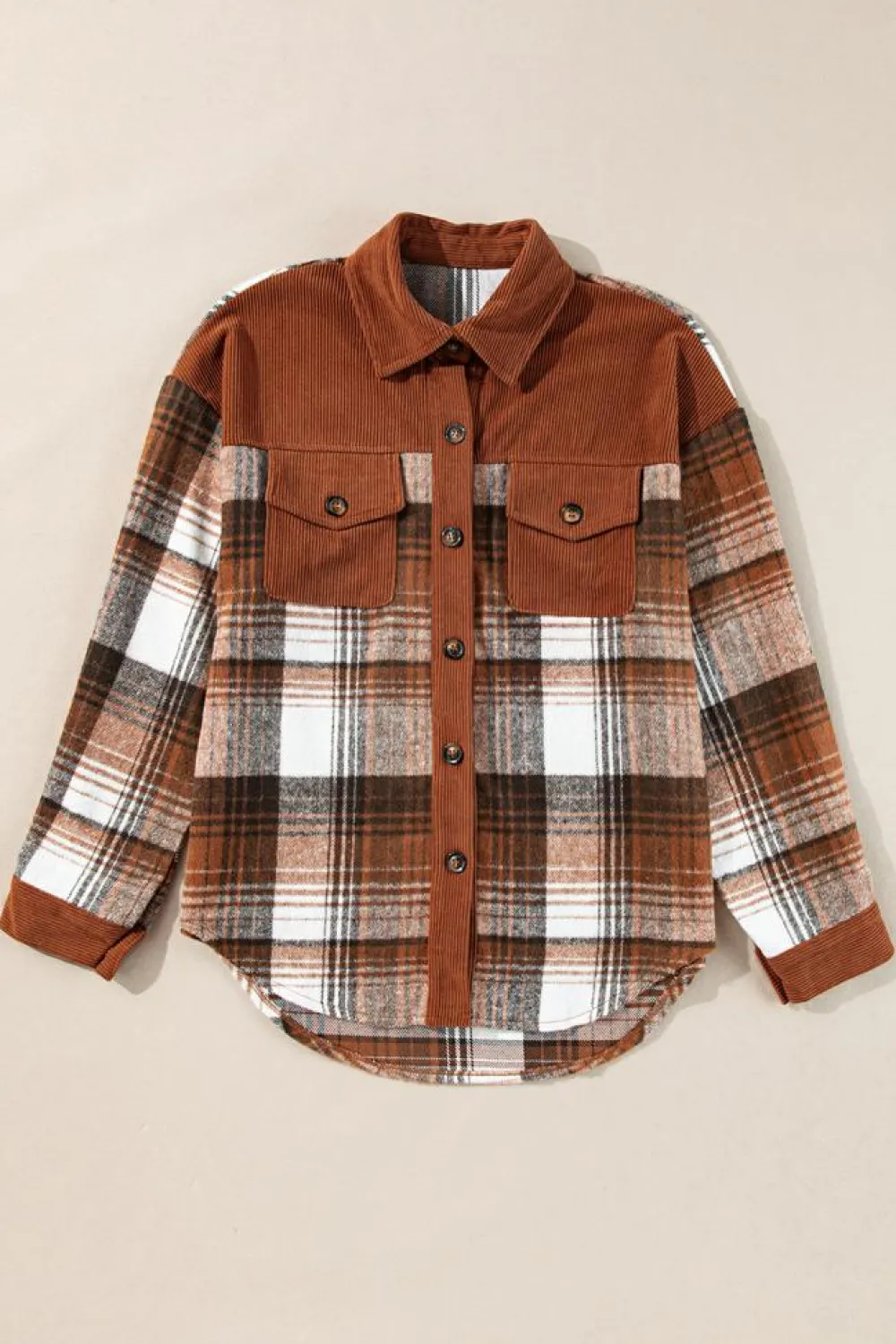 Outlet Dear-Lover Plaid Corduroy Patchwork Chest Pocket Shacket Cinnamon