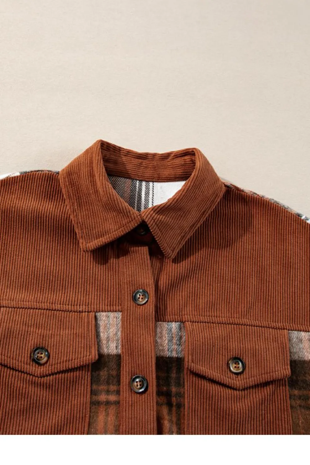 Outlet Dear-Lover Plaid Corduroy Patchwork Chest Pocket Shacket Cinnamon