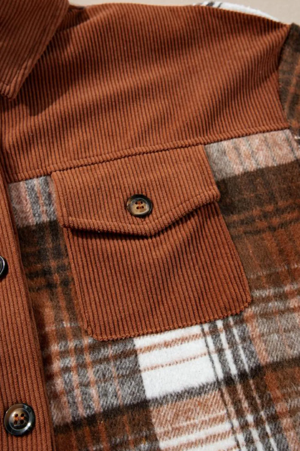 Outlet Dear-Lover Plaid Corduroy Patchwork Chest Pocket Shacket Cinnamon