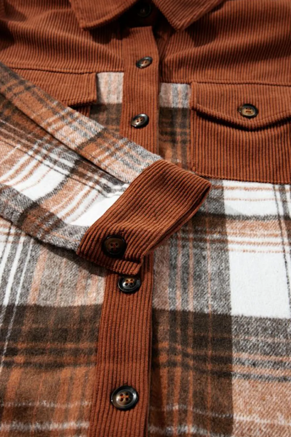 Outlet Dear-Lover Plaid Corduroy Patchwork Chest Pocket Shacket Cinnamon