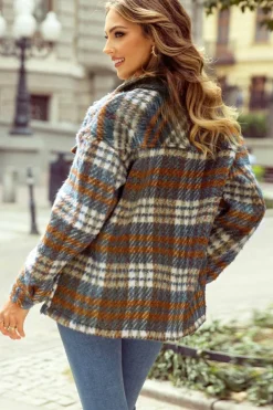 Sale Dear-Lover Plaid Print Chest Pockets Turn Down Collar Shacket Cinnamon