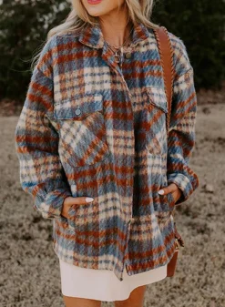 Sale Dear-Lover Plaid Print Chest Pockets Turn Down Collar Shacket Cinnamon
