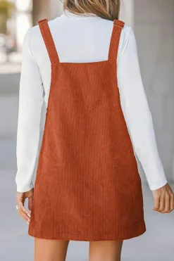 Clearance Dear-Lover Solid Front Pockets Sleeveless Corduroy Overall Dress Cinnamon