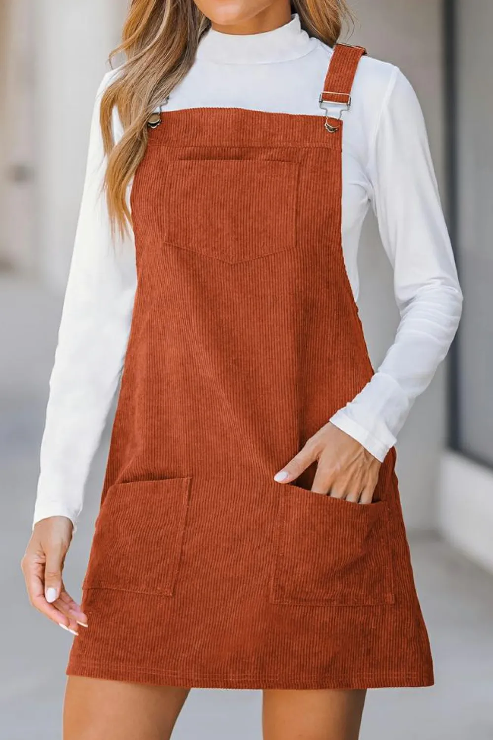 Clearance Dear-Lover Solid Front Pockets Sleeveless Corduroy Overall Dress Cinnamon