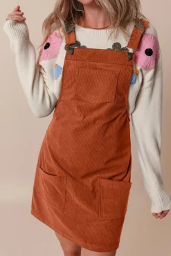 Clearance Dear-Lover Solid Front Pockets Sleeveless Corduroy Overall Dress Cinnamon