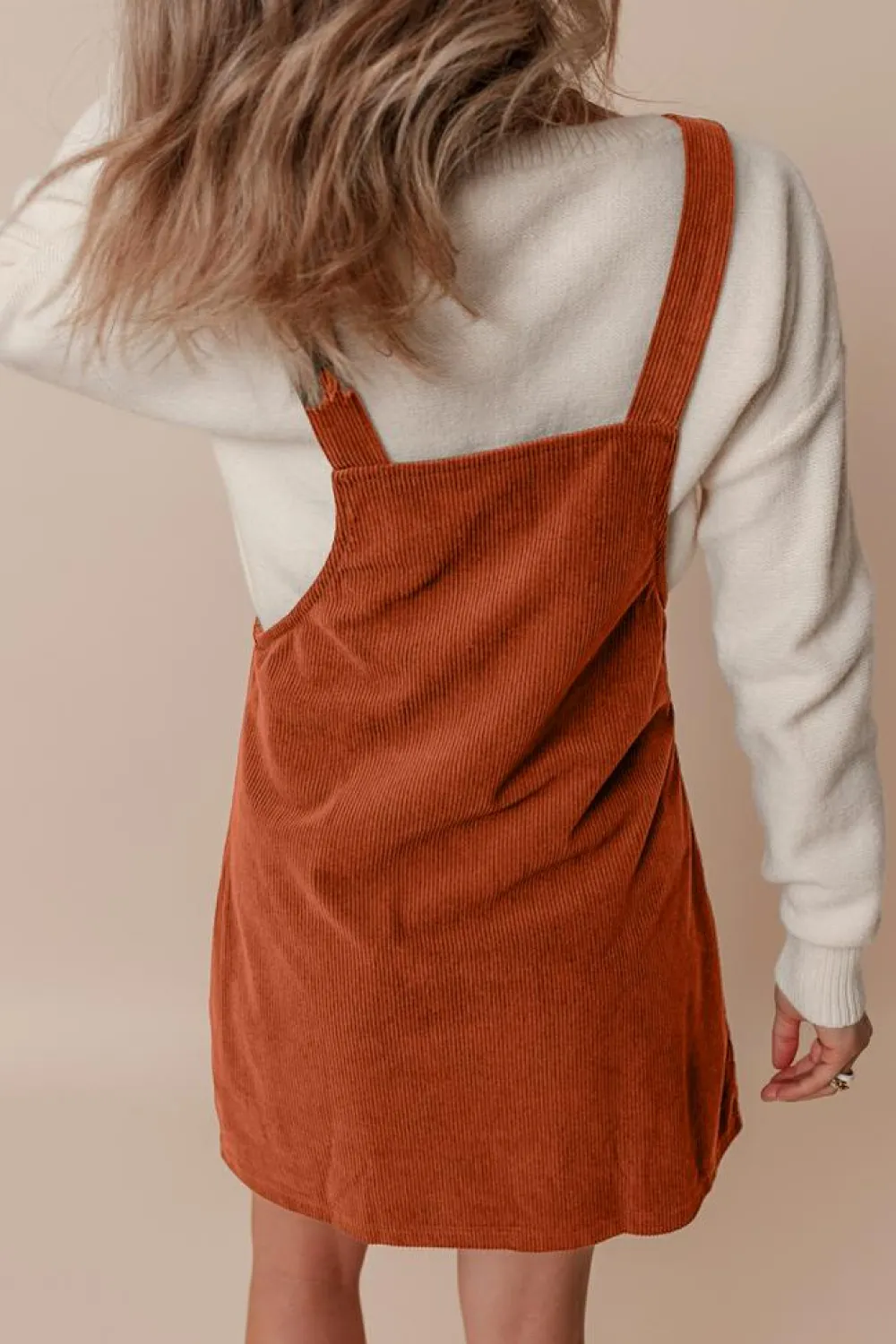 Clearance Dear-Lover Solid Front Pockets Sleeveless Corduroy Overall Dress Cinnamon