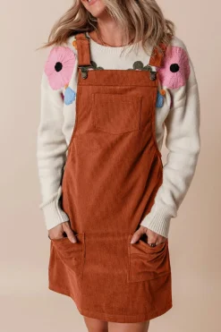 Clearance Dear-Lover Solid Front Pockets Sleeveless Corduroy Overall Dress Cinnamon