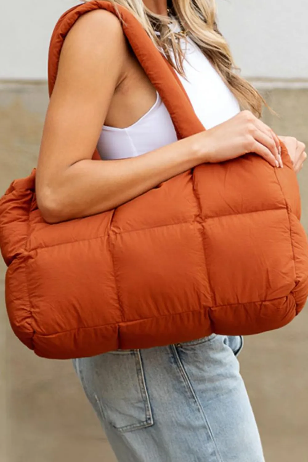 Outlet Dear-Lover Solid Quilted Puffy Zipped Large Tote Bag Cinnamon