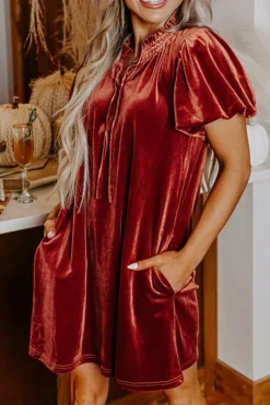 Fashion Dear-Lover Velvet Smocked Neckline Puff Sleeve Shift Mini Dress Cinnamon