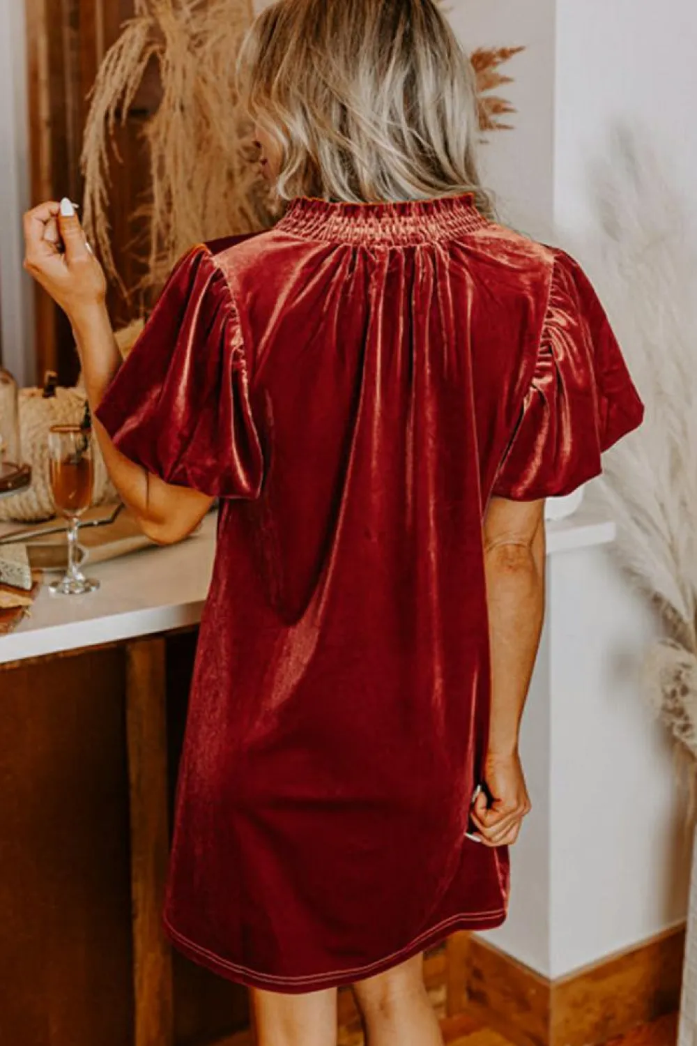Fashion Dear-Lover Velvet Smocked Neckline Puff Sleeve Shift Mini Dress Cinnamon