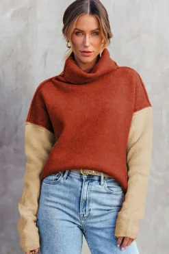 Hot Dear-Lover Clay Red Color Block Turtle Neck Drop Shoulder Knit Sweater Red Clay