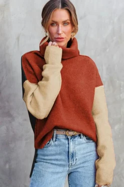 Hot Dear-Lover Clay Red Color Block Turtle Neck Drop Shoulder Knit Sweater Red Clay