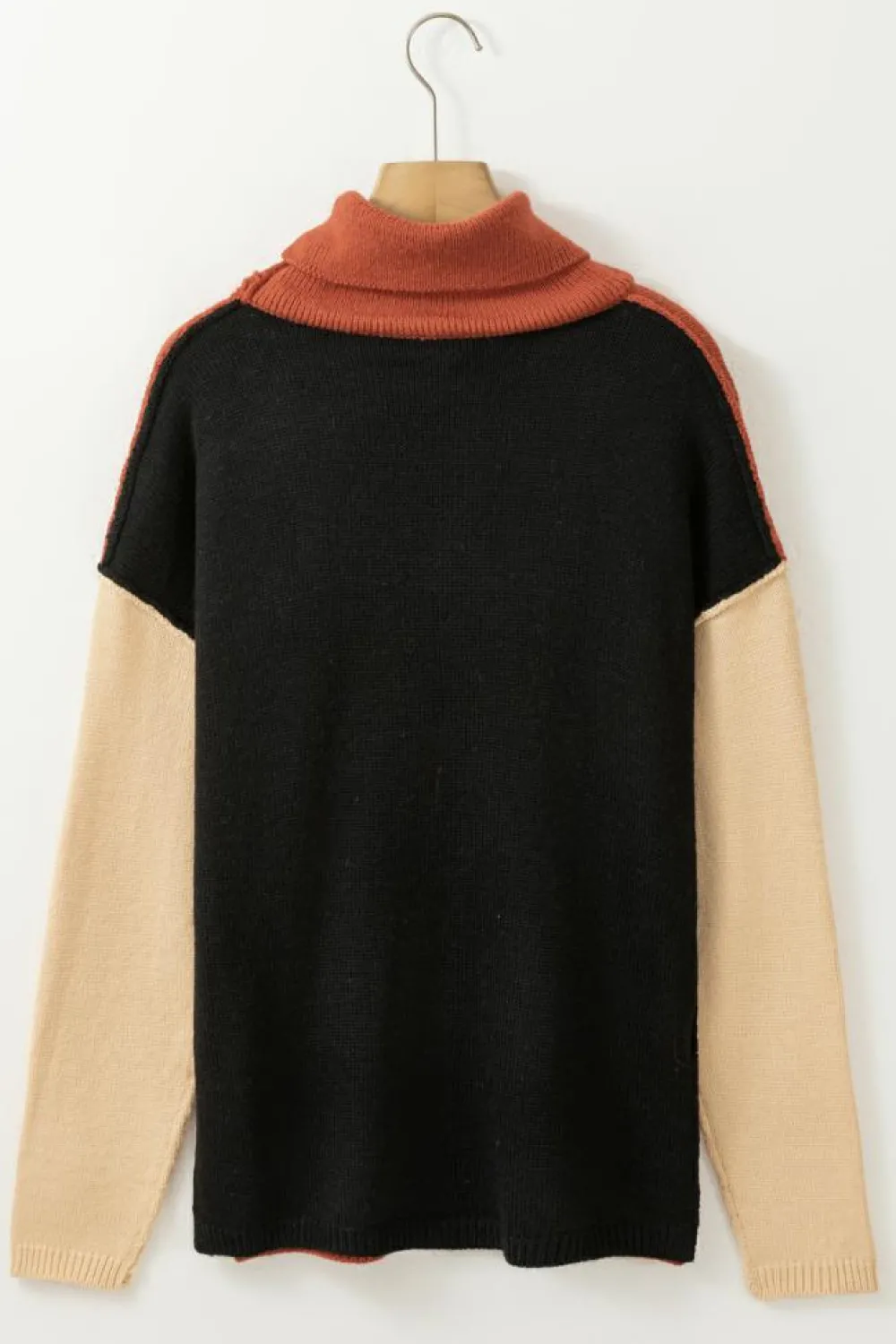 Hot Dear-Lover Clay Red Color Block Turtle Neck Drop Shoulder Knit Sweater Red Clay