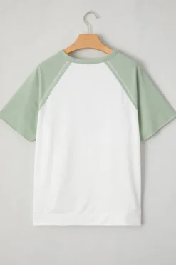 New Dear-Lover Colorblock Raglan Short Sleeve Half Buttons High Low T Shirt Clearly Aqua