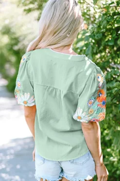 Hot Dear-Lover Floral Embroidered Puff Sleeve Split Neck Blouse Clearly Aqua
