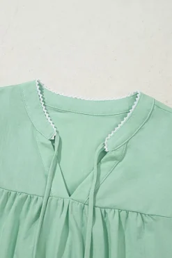 Hot Dear-Lover Floral Embroidered Puff Sleeve Split Neck Blouse Clearly Aqua