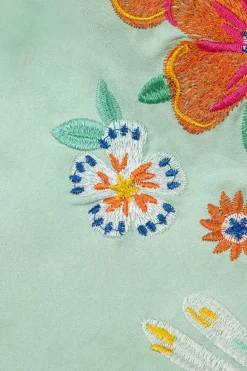 Hot Dear-Lover Floral Embroidered Puff Sleeve Split Neck Blouse Clearly Aqua