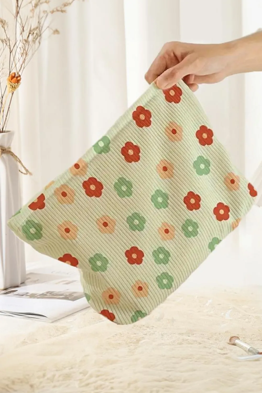 Sale Dear-Lover Flower Print Corduroy Zipper Makeup Storage Bag Clearly Aqua