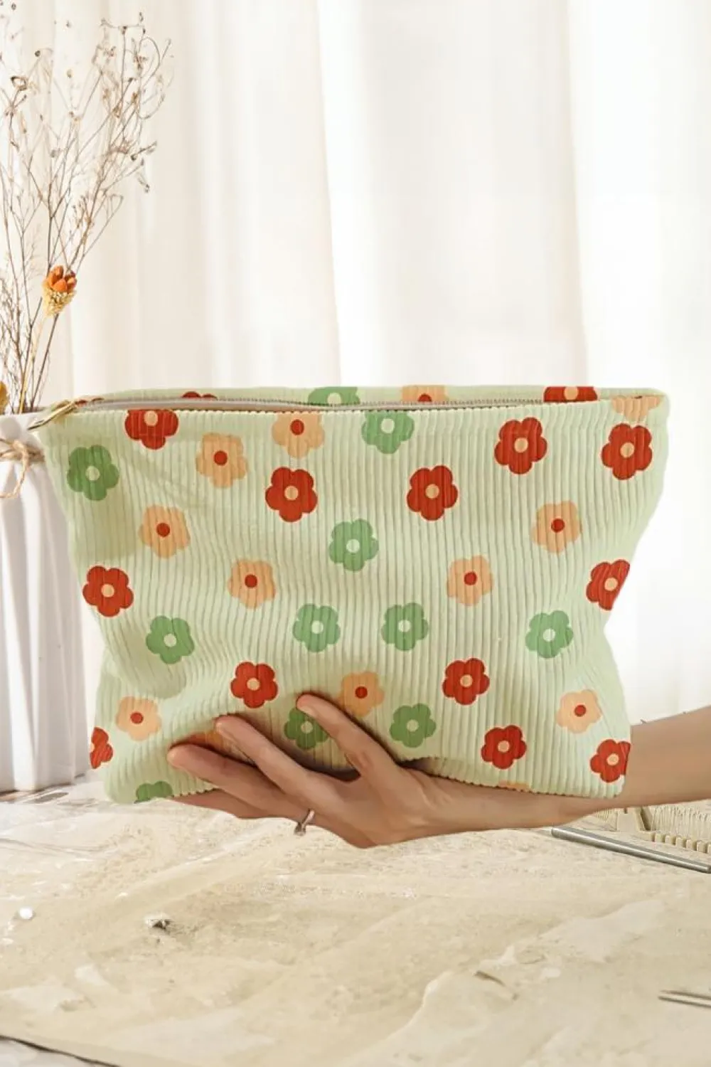 Sale Dear-Lover Flower Print Corduroy Zipper Makeup Storage Bag Clearly Aqua
