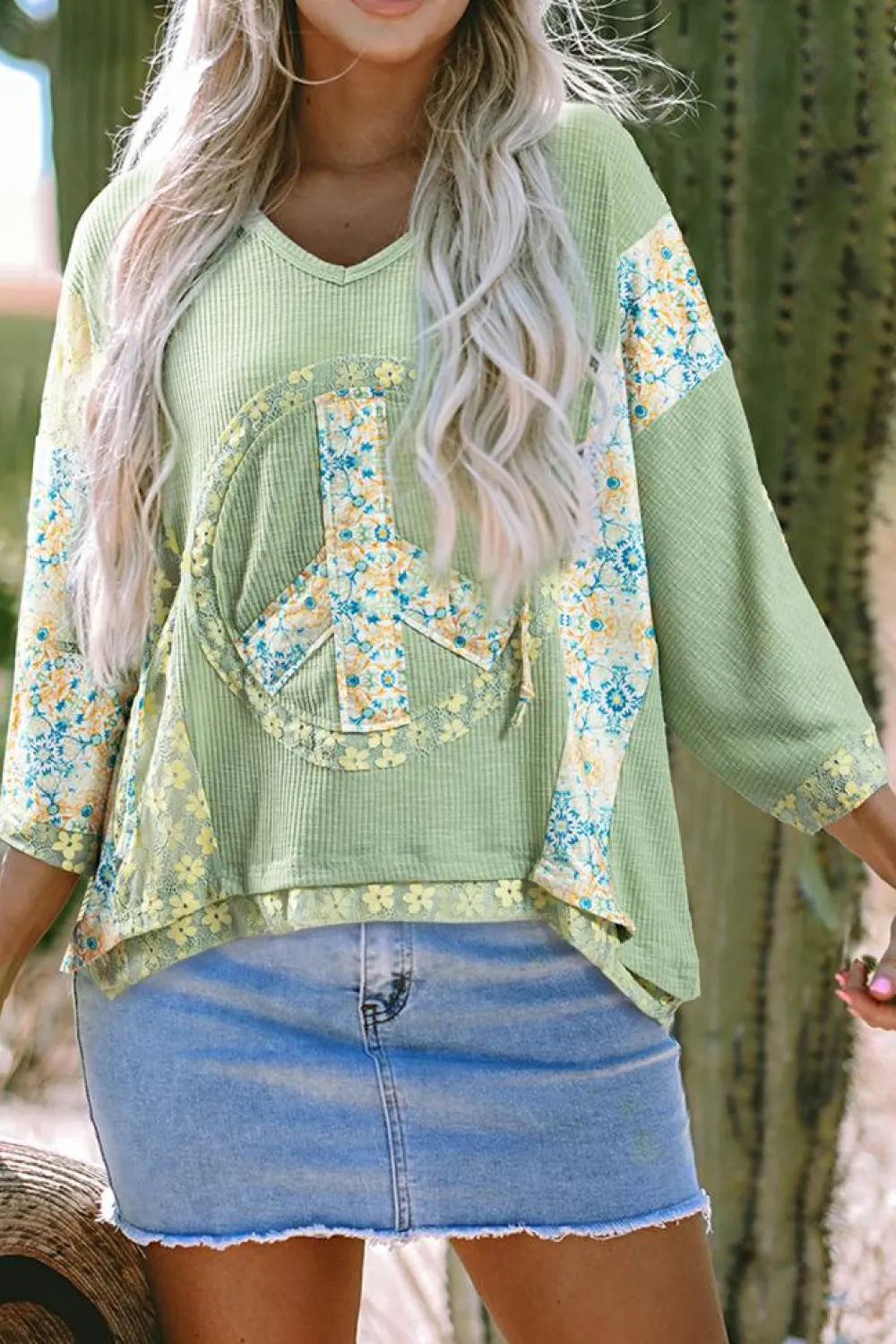 Fashion Dear-Lover Oversized Floral Peace Sign Graphic Patchwork Knit Hooded Top Clearly Aqua