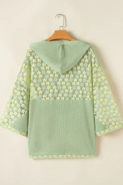 Fashion Dear-Lover Oversized Floral Peace Sign Graphic Patchwork Knit Hooded Top Clearly Aqua
