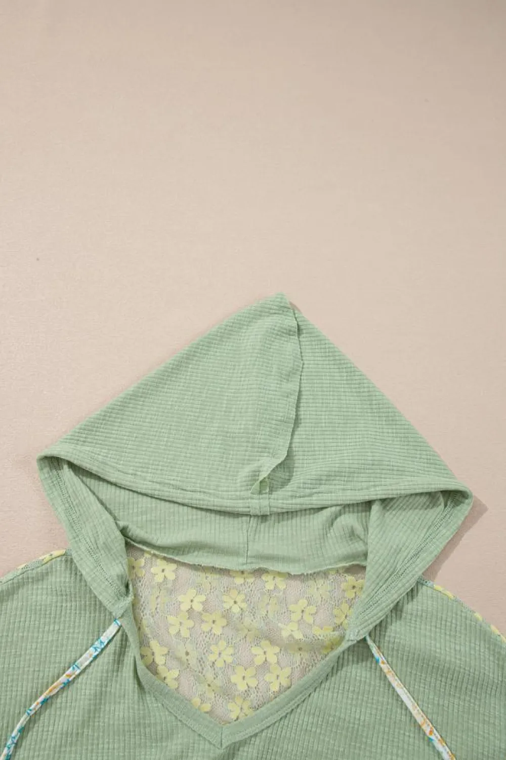 Fashion Dear-Lover Oversized Floral Peace Sign Graphic Patchwork Knit Hooded Top Clearly Aqua