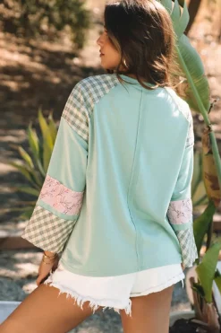 Sale Dear-Lover Plaid Floral Peace Heart Graphic Wide Long Sleeve Top Clearly Aqua