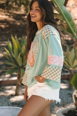 Sale Dear-Lover Plaid Floral Peace Heart Graphic Wide Long Sleeve Top Clearly Aqua