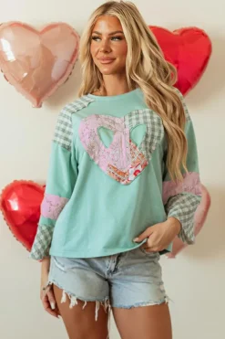 Sale Dear-Lover Plaid Floral Peace Heart Graphic Wide Long Sleeve Top Clearly Aqua