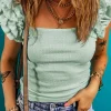 Online Dear-Lover Ruffle Strap Crinkle Textured Tank Top Clearly Aqua