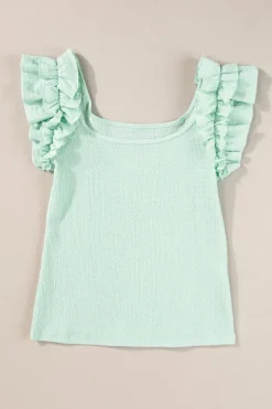 Online Dear-Lover Ruffle Strap Crinkle Textured Tank Top Clearly Aqua