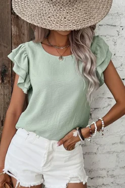 New Dear-Lover Solid Color Ruffled Short Sleeve Casual Blouse Clearly Aqua
