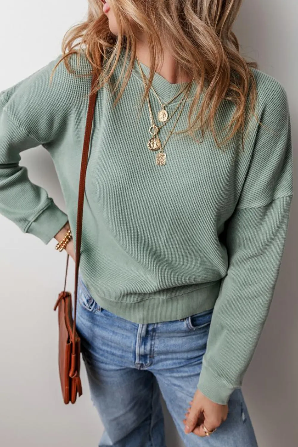 Outlet Dear-Lover Waffle Knit Drop Shoulder V Neck Top Clearly Aqua