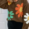 Hot Dear-Lover Big Flower Pattern V Neck Drop Shoulder Sweater Coffee