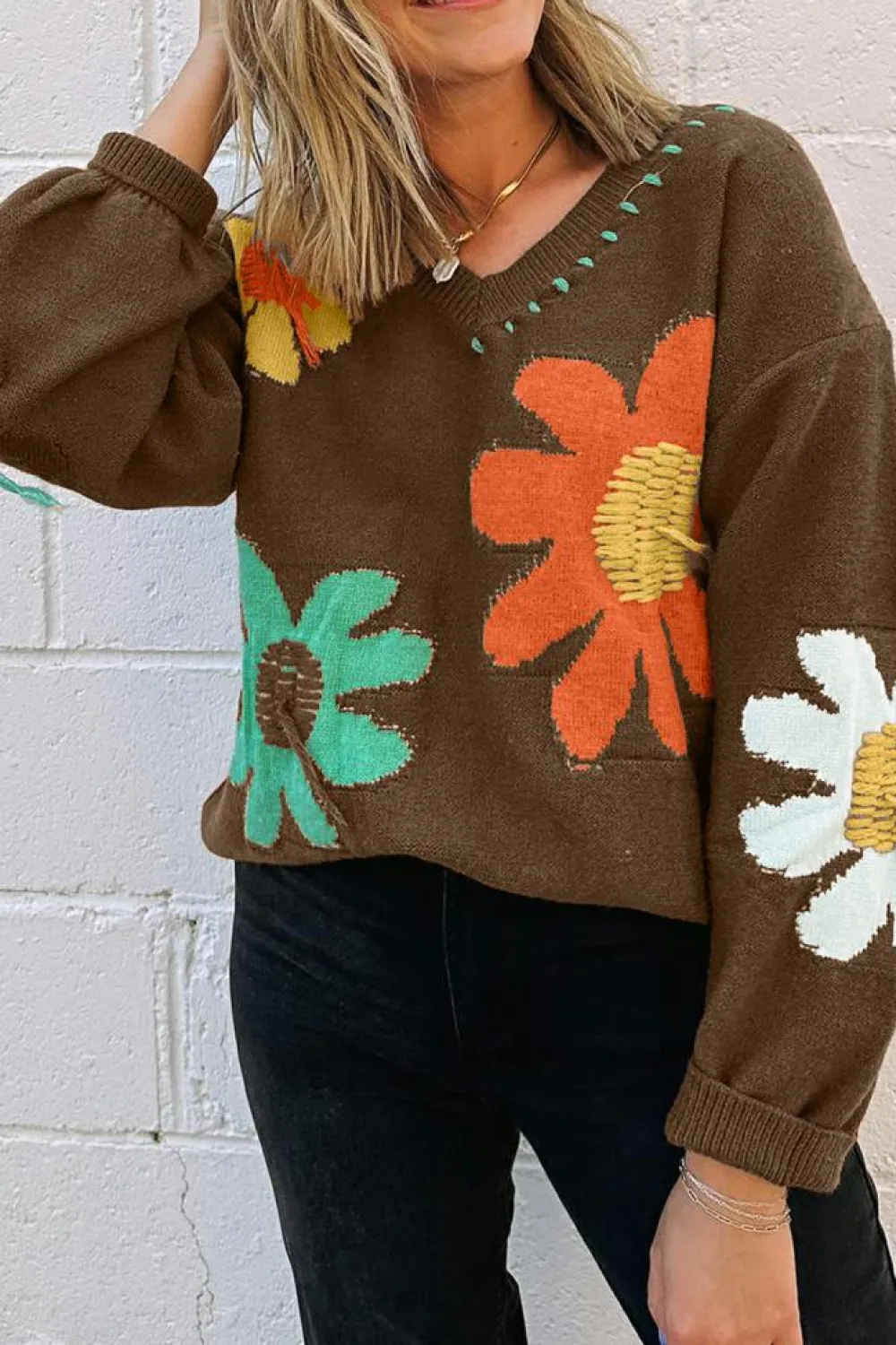 Hot Dear-Lover Big Flower Pattern V Neck Drop Shoulder Sweater Coffee