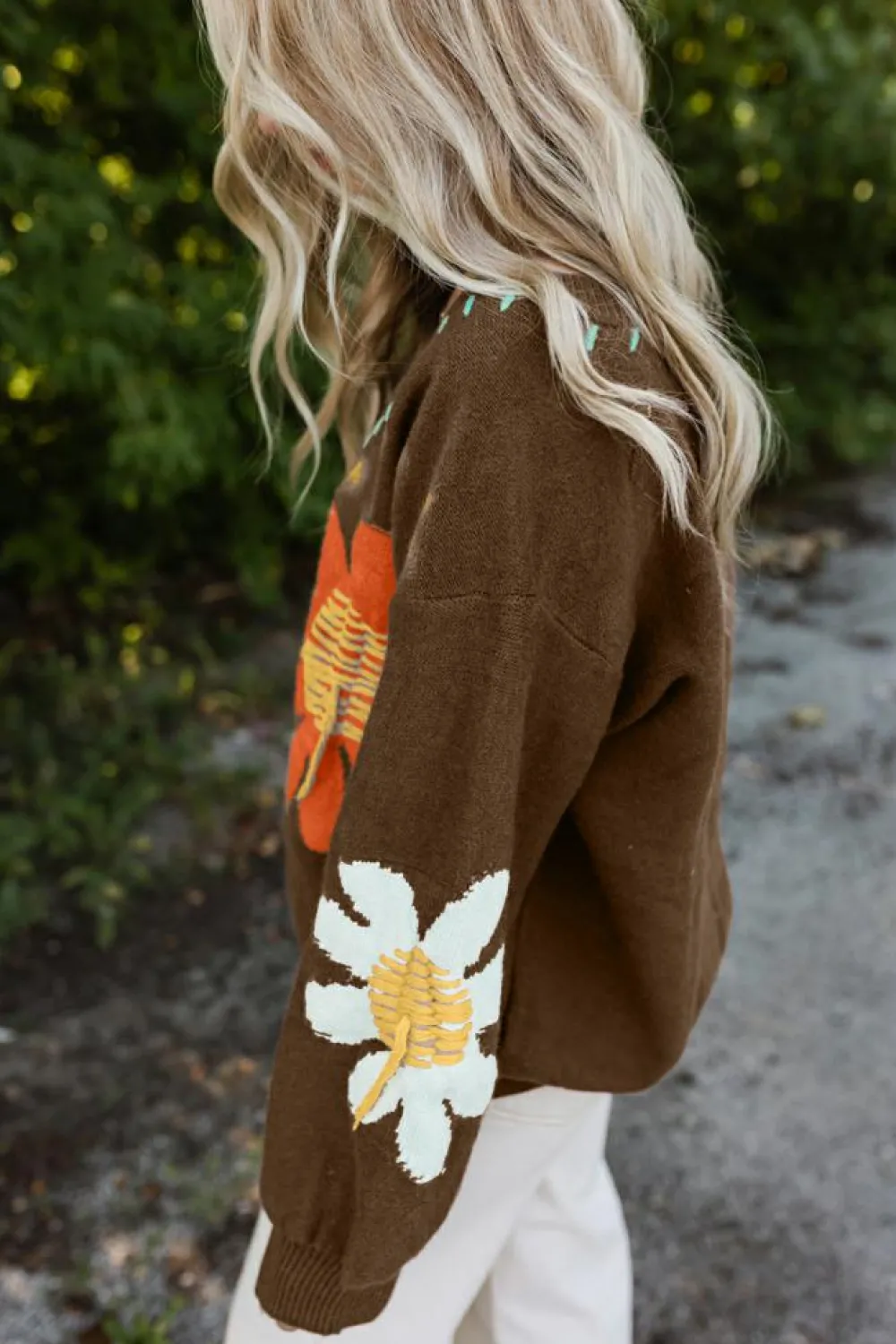 Hot Dear-Lover Big Flower Pattern V Neck Drop Shoulder Sweater Coffee